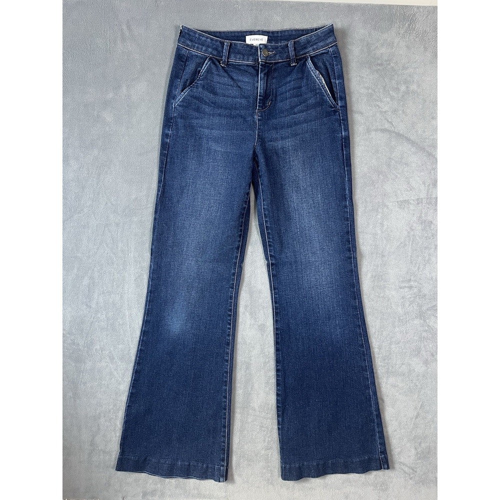 Evereve Women's Dark Wash Wide Leg Flare Jeans Size 26 90s Boho Chic Denim